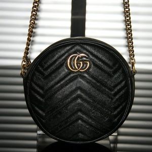GUCCI GG Marmont Black Leather Mini Round Shoulder Crossbody Bag 550154 Chevron